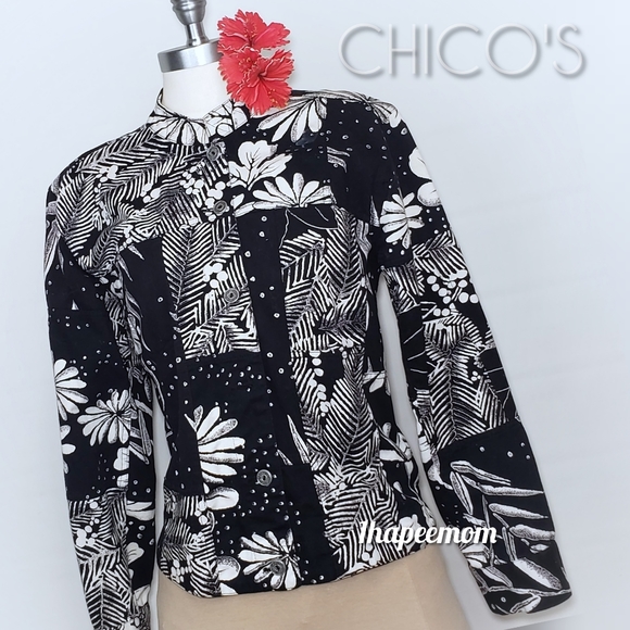 Chico's Jackets & Blazers - Chico's Jacket Stretch Denim Floral Black White